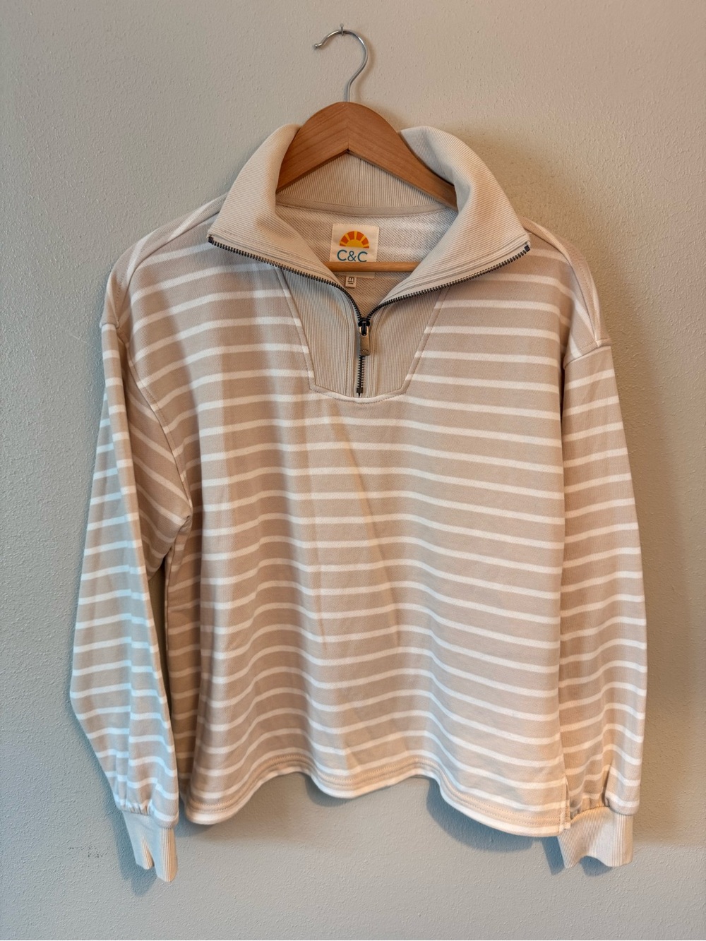 C.C California Beige and White Striped Quarter-Zip Sweater coastal beach spring